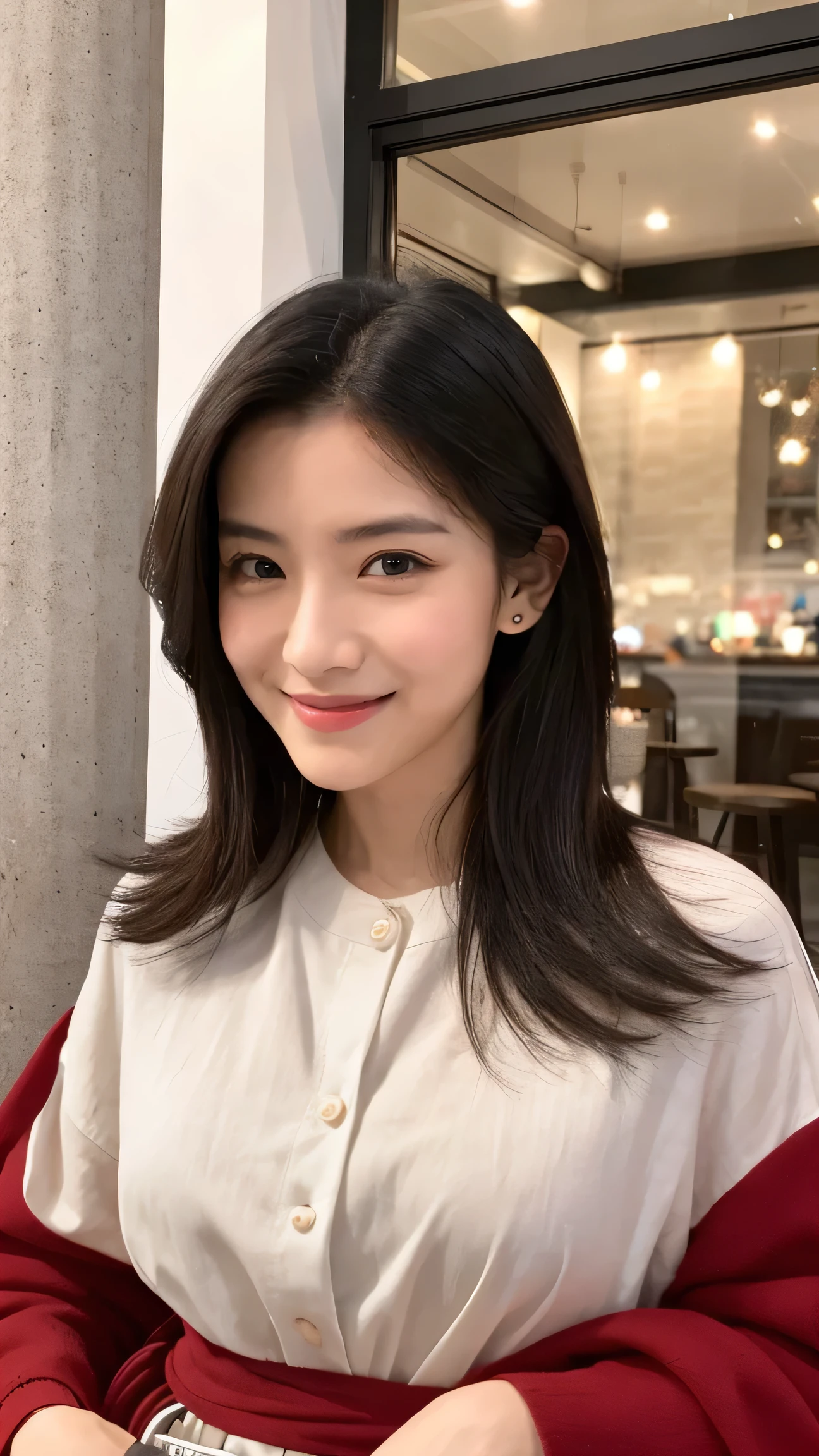 ((Top quality, 8K, masterpiece: 1.2)), beautiful, pure, Oval face, Kind and lovely, sweet smile, pure Desire, slim body, ((front)), (Looking at the camera), Wear a casual suit, Medium Length Hair, Long shoulders, Big, round, black eyes, A pair of big clear eyes, Hydrating red lips, Sweet, sit on the chair, Coffee shop background, ((Waist Shot)),