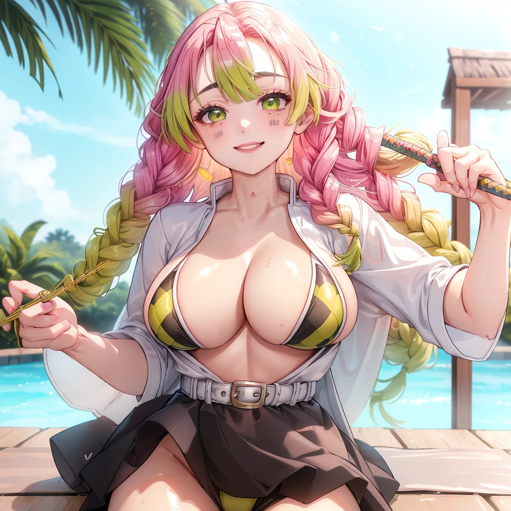 girl、(((One person)))、(((solo)))、((Yellow green checkered micro bikini:1.3))、(Face Enhancement:1.3, )、、Detailed Hair、Pink Hair、Touching your hair、Thighs、((cowboy shot))、Highest quality、Super detailed、Very detailed、Detailed Background、D cup bust、smile、Resort hotels、Outdoor swimming pool、
