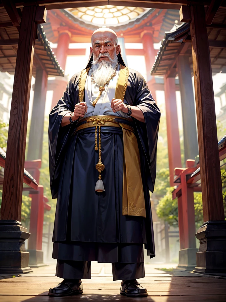 Highest quality,Highest Resolution,An old monk holding a rosary,Temple grounds,Japan,Skinhead,Standing posture,Crystal Jade,Boxing,