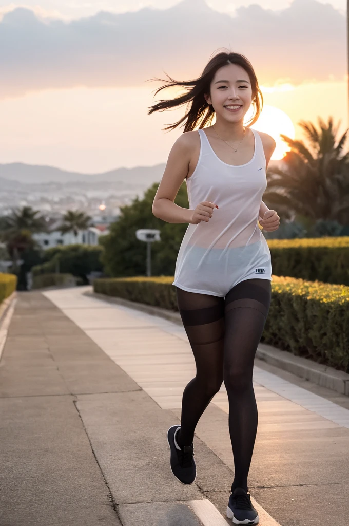 ulzzang-6500-v1.1, (RAW Photos:1.2), (Photorealistic), Beautiful detailed girl, (Genuine: 1.4), (masterpiece), 1 Girl, Photo Model, smile, Focus on the audience, Beautiful lighting, Highest quality, masterpiece, Ultra-high resolution, Realistic, Black Hair, Short tank top, Shorts, Ultra-realistic pantyhose、super Realistic stockings, Medium chest, White skin,( Sunset background:1.4), Running towards me in great excitement、Full Body Shot:1.2, Joy、delight、Happiness、