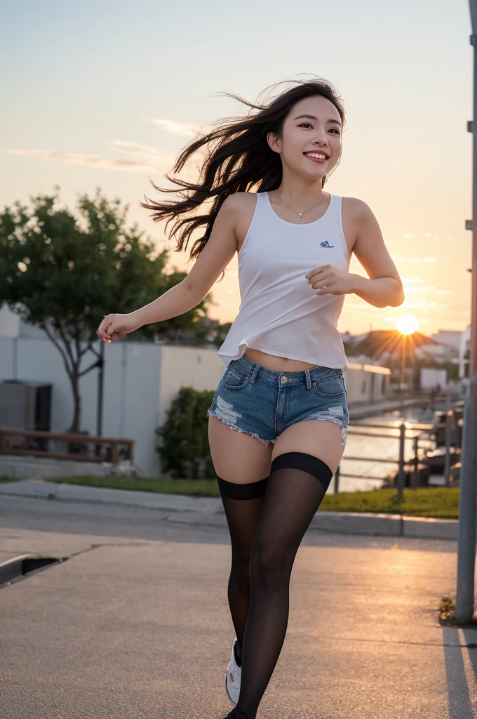 ulzzang-6500-v1.1, (RAW Photos:1.2), (Photorealistic), Beautiful detailed girl, (Genuine: 1.4), (masterpiece), 1 Girl, Photo Model, smile, Focus on the audience, Beautiful lighting, Highest quality, masterpiece, Ultra-high resolution, Realistic, Black Hair, Short tank top, Shorts, Ultra-realistic pantyhose、super Realistic stockings, Medium chest, White skin,( Sunset background:1.4), Running towards me in great excitement、Full Body Shot:1.2, Joy、delight、Happiness、
