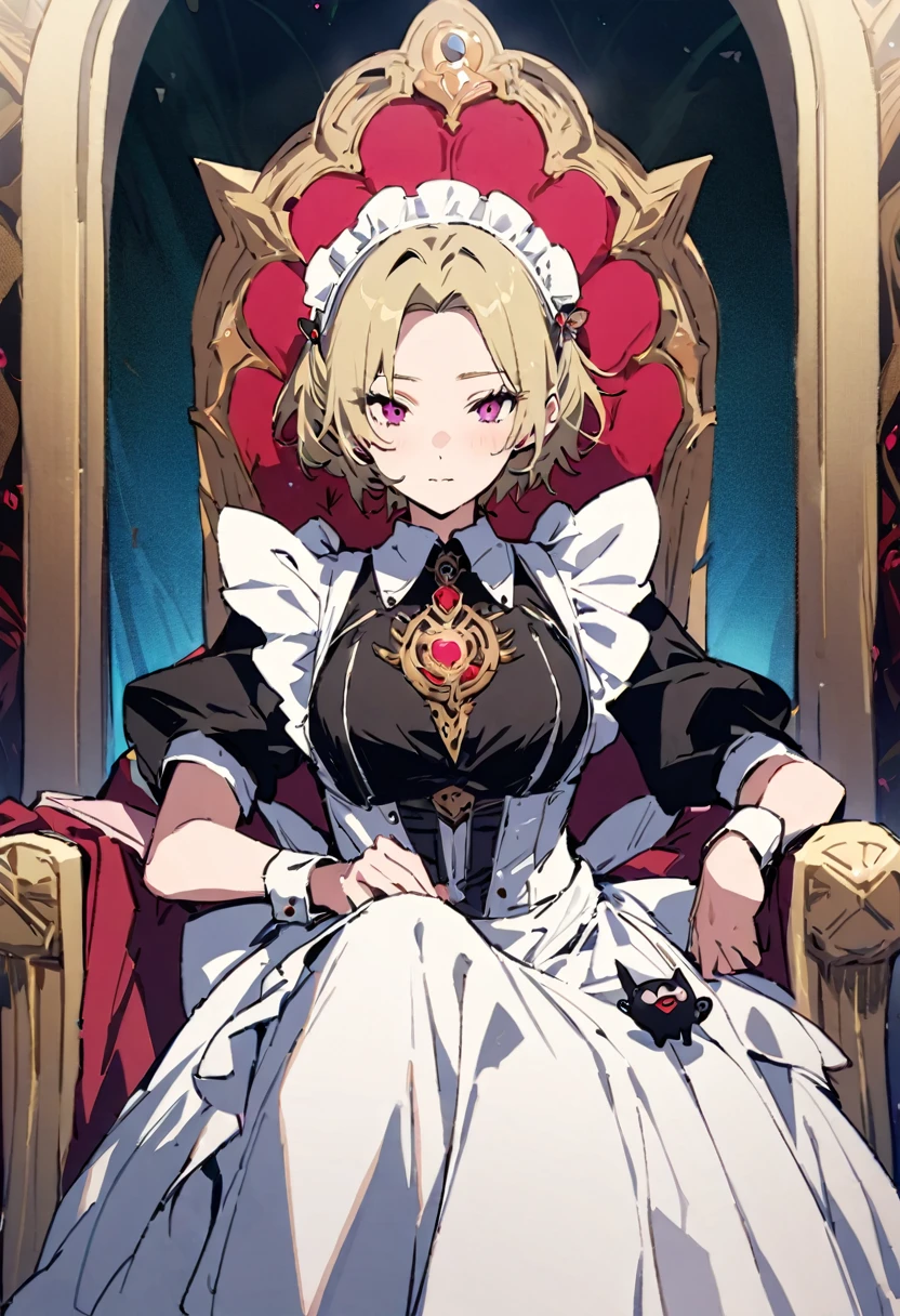 masterpiece, Highest quality, Illustration of the novel, High resolution, 18+ Adult content, Sensual, Intimate, Emotional, Passionate, romantic, sweet, Adorable, Innocent, Pure, Charmな, Charmな, Charm, mysterious, Charmな, Charmな, Immersive, Charmな, dream-like, Surreal, Imaginative, Whimsical, Artistic, Avant-garde, timeless, elegant, Sophisticated, chic, Sophisticated, personality, original, Charmな,((Maid clothes:1.3)),((Throne of Power,Throne of Power:1.3))((Upper Body:1.3))
