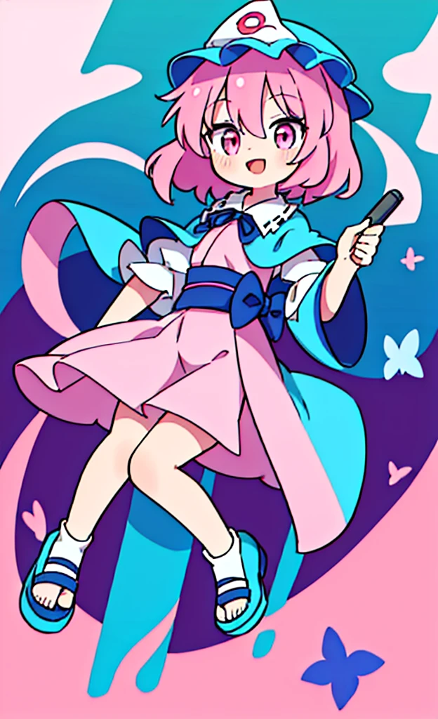 masterpiece,Highest quality,1 Girl,alone,Pokémon-like art style,(bold:1.6),(flat:1.5), SAIGYOUJI_bend down_TOUHOU
PINK_HAIR, triangular_HEADPIECE, HAT, SHORT_HAIR, PINK_eyes, pain_cape, blue_HEADWEAR, bangs, SMILE, HAIR_BETWEEN_eyes, SASH, BREASTS, RIBBON, li, age down,