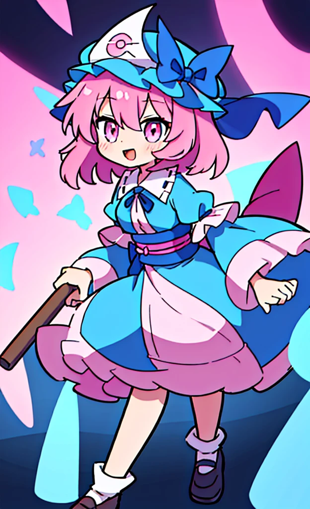 masterpiece,Highest quality,1 Girl,alone,Pokémon-like art style,(bold:1.6),(flat:1.5), SAIGYOUJI_bend down_TOUHOU
PINK_HAIR, triangular_HEADPIECE, HAT, SHORT_HAIR, PINK_eyes, pain_cape, blue_HEADWEAR, bangs, SMILE, HAIR_BETWEEN_eyes, SASH, BREASTS, RIBBON, li, age down,