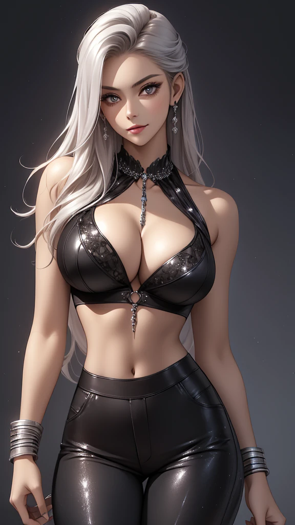 Best quality, masterpiece, realistic, Beautiful sexy cool tall, slim, fit woman, wearing fancy silver-white sequin cropped  top and black pants, intricate and highly detailed, cleavage, long silver hair, body chain, jewelry, perfect breasts, cleavage