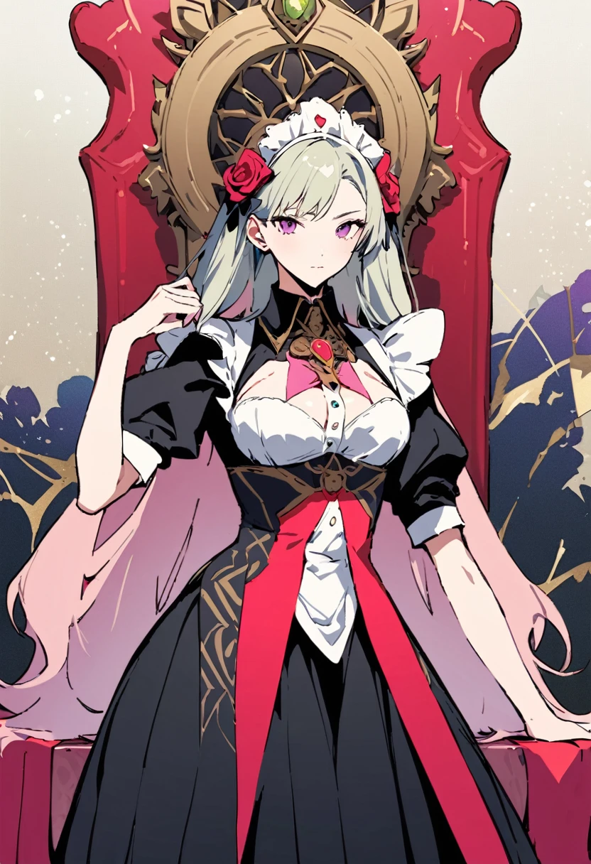 masterpiece, Highest quality, Illustration of the novel, High resolution, 18+ Adult content, Sensual, Intimate, Emotional, Passionate, romantic, sweet, Adorable, Innocent, Pure, Charmな, Charmな, Charm, mysterious, Charmな, Charmな, Immersive, Charmな, dream-like, Surreal, Imaginative, Whimsical, Artistic, Avant-garde, timeless, elegant, Sophisticated, chic, Sophisticated, personality, original, Charmな,((Maid clothes:1.3)),((Throne of Power,Throne of Power:1.3))((Upper Body:1.3))