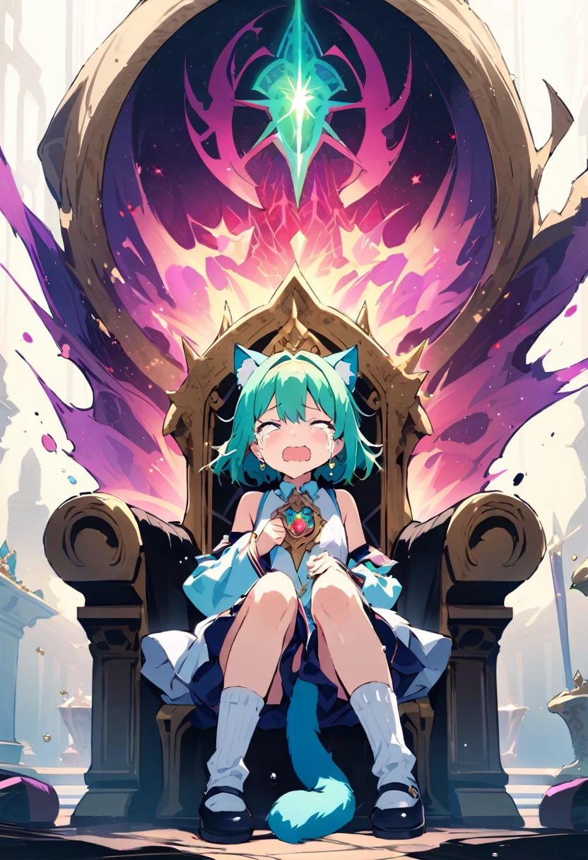 masterpiece, Highest quality, Illustration of the novel, High resolution, 18+ Adult content, Sensual, Intimate, Emotional, Passionate, romantic, sweet, Adorable, Innocent, Pure, Fascinating, Fascinatingな, Charm, mysterious, Fascinatingな, Fascinating, Immersive, Fascinatingな, dream-like, Surreal, Imaginative, Whimsical, Artistic, Avant-garde, timeless, elegant, Sophisticated, chic, Sophisticated, personality, original, Fascinatingな,One Girl,Deltamon_beta, alone, blue eyes, Knee socks, Animal ears, Bare shoulders, Blue Tail, Earrings,Removable sleeves, Green Hair, Sleeveless, Cat ear, bag, white Knee socks, Cat&#39;tail,pink backpack,Pink school bag,Lavender lace: Lavender Peter Pan collar lace dress, Paired with ivory tights and Mary Jane shoes.,Cherry-blossom viewing, azalea, satsuki, azalea blizzard,
rest ((Avoidance method ((子Cat)), Crying face)),((Throne of Power,Throne of Power:1.3))