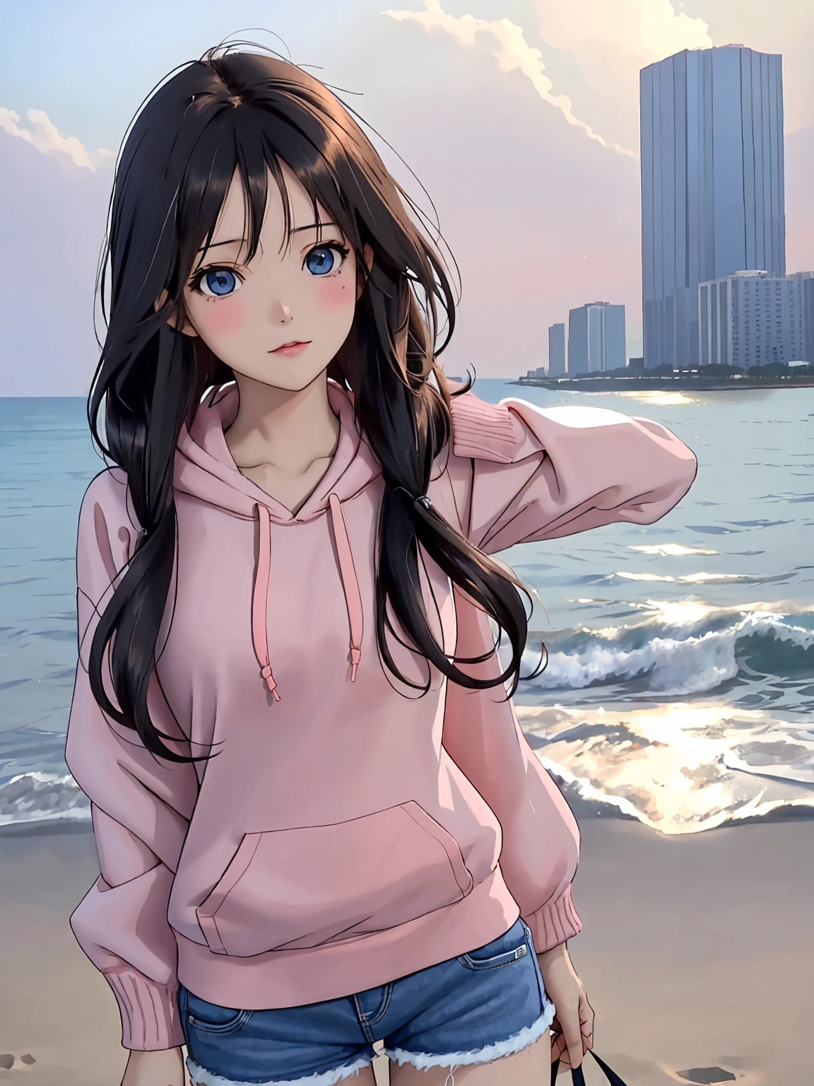 (This is a close-up shot of a young anime girl in a casual outfit on the beach:1.4),(solo:1.4),(1girl:1.4),(long black hair:1.3),(brown eyes:1.2),(pink hoodie:1.3),(denim shorts:1.2),(barefoot:1.1),(standing on the beach:1.3),(seagulls in the background:1.2),(waves crashing in the background:1.2),(clear blue sky:1.1), (detailed face:1.3),(beautiful detailed eyes:1.3),(soft smile:1.2),(curious expression:1.3),(light blush:1.2),(athletic build:1.2),(medium bust:1.3), (masterpiece:1.2),(best quality:1.3),(ultra high res:1.2),(photorealistic:1.1)