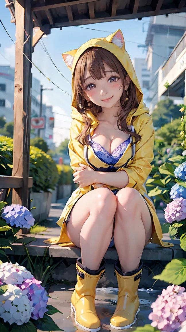 ((((highest quality)))), (((Ultra-precision CG 16K))), (((masterpiece))), (((Very detailed))), (((Extremely detailed))), (((Black outline:1.3, Written boundary depth:1.3 , Written soft outline))), Blur, Bokeh, Maximum clarity and sharpness,Multilayer Texture, Surface Shading, Cinematic lighting, Beautiful details sparkle ,Perfect Proportions, Limited to three woman, BREAK accurate, Anatomically correct, Highly detailed face and skin texture, drawn in detail, Highly detailed facial and skin texture, Detailed eyes, beautiful hair, Beautiful Japanese Idol face, Beautiful and beautiful eyes, Beautiful body, Beautiful breasts, Beautiful thighs, Beautiful legs, Beautiful fingers, (Beautiful views) , skinny body, ((Beautiful Skin)), ((Skin Texture)) BREAK breast enlarged, large Breasts, rocket breasts, slender waist, (blush, smiling:1.3,) BREAK (((yellow raincoat:1.3 , yellow rain boots, cover your whole head with the cat ear shaped hood of raincoat, cyberpunk , school uniform:1.3, midriff peek))) , wearing earrings, BREAK ((( a girl bent over , hands between legs, rainbow, sunny rain , hydrangeas, frog, stick breast out))),(serious, full body shot, long shot , from front:1.3 , from below:1.3,),