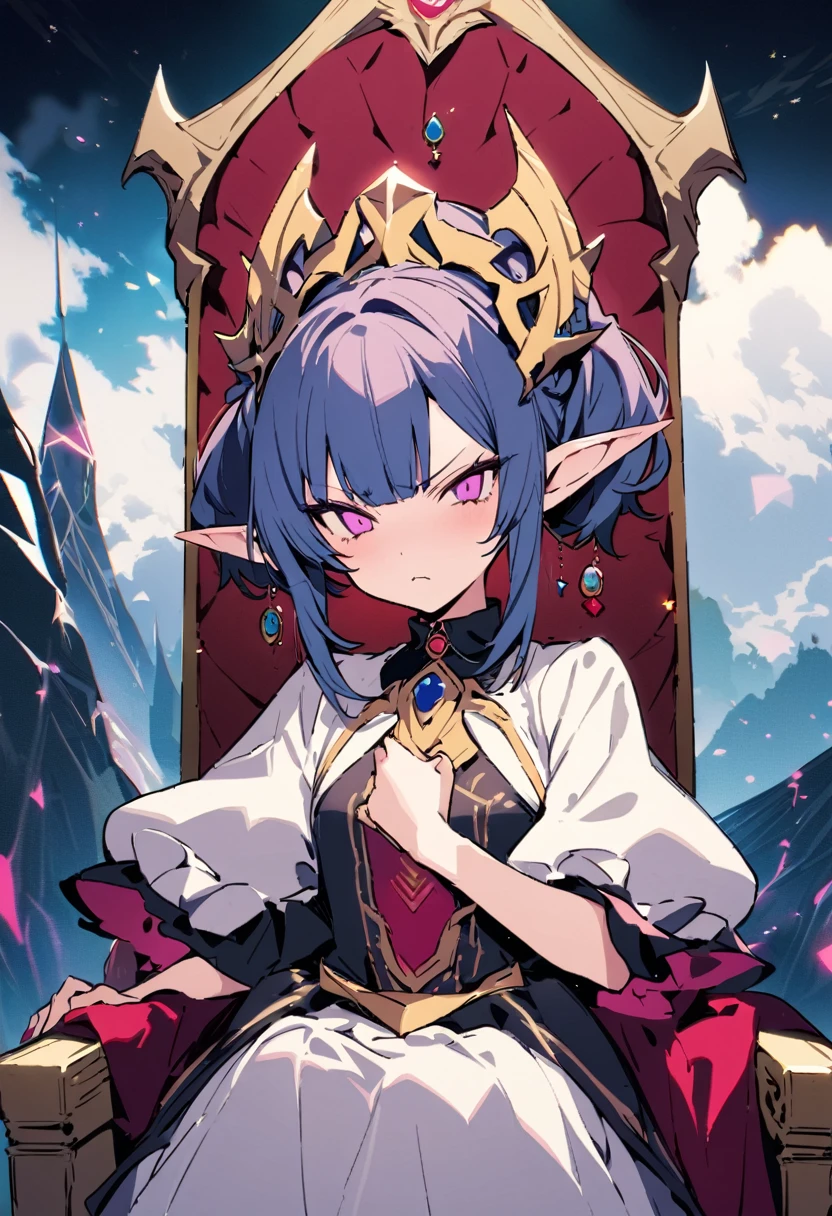 masterpiece, Highest quality, Illustration of the novel, High resolution, 18+ Adult content, Sensual, Intimate, Emotional, Passionate, romantic, sweet, Adorable, Innocent, Pure, charmな, charmな, charm, mysterious, charmな, charmな, Immersive, charmな, dream-like, Surreal, Imaginative, Whimsical, Artistic, Avant-garde, timeless, elegant, Sophisticated, chic, Sophisticated, Personality, original, charmな,((Loli Elf:1.3)),((A look of disgust:1.3))、Upper Body,((Throne of Power,Throne of Power:1.3))