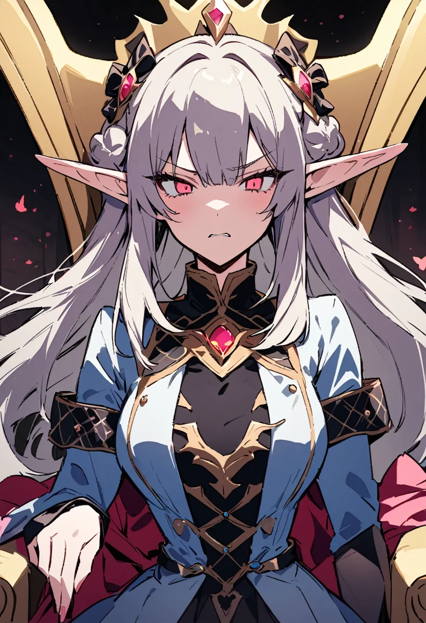 masterpiece, Highest quality, Illustration of the novel, High resolution, 18+ Adult content, Sensual, Intimate, Emotional, Passionate, romantic, sweet, Adorable, Innocent, Pure, charmな, charmな, charm, mysterious, charmな, charmな, Immersive, charmな, dream-like, Surreal, Imaginative, Whimsical, Artistic, Avant-garde, timeless, elegant, Sophisticated, chic, Sophisticated, Personality, original, charmな,((Loli Elf:1.3)),((A look of disgust:1.3))、Upper Body,((Throne of Power,Throne of Power:1.3))
