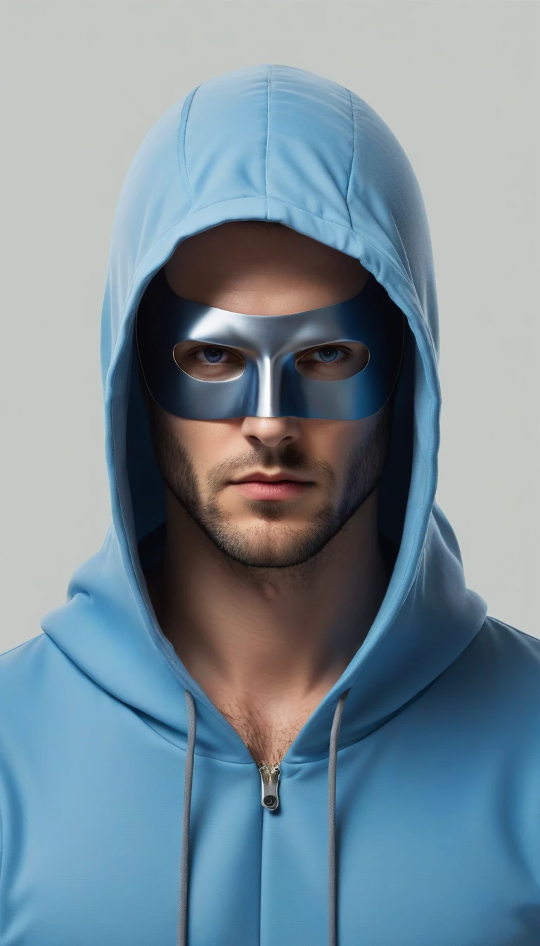 1 male, hood, enigmatic figure with partially hidden face, checkroom, light gray, blue inside, serious expression, (eye mask)