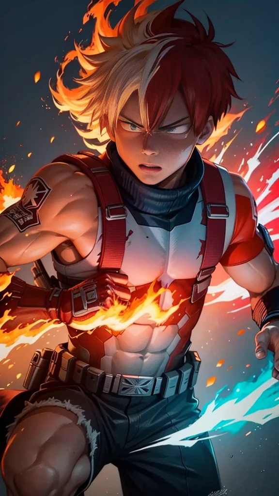 Create a poster of Shoto Todoroki from the anime 'My Hero Academia'. The image should feature a neon glow effect. Half of Todoroki's body should be engulfed in ice, while the other half is ablaze with fire. Make sure the ice side is cool with frosty blue and white hues, and the fire side is hot with vibrant red and orange flames. Include a dynamic pose and a detailed background that complements the neon glow effects. Add any other details to enhance the overall aesthetic of the poster