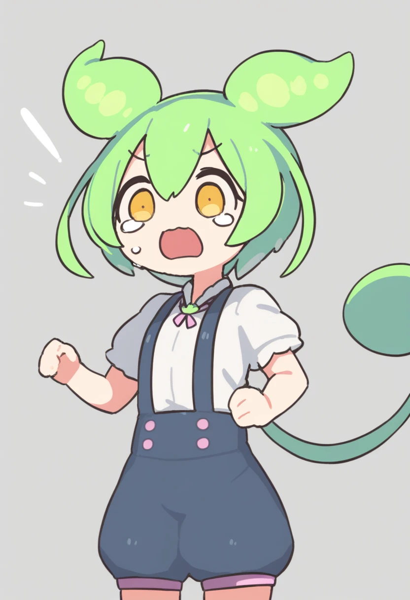 One girl,Zundamon,Voice Box ,Green Hair,、Wide open mouth、Surprised、Jaw detached、Are crying、Funny Face,Simple white background、No text