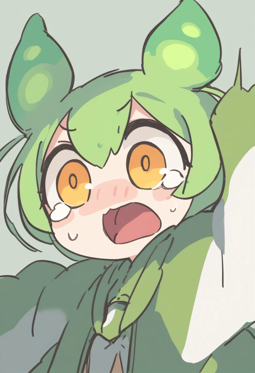 One girl,Zundamon,Voice Box ,Green Hair,、Wide open mouth、Surprised、Jaw detached、Are crying、Funny Face,Simple white background、No text