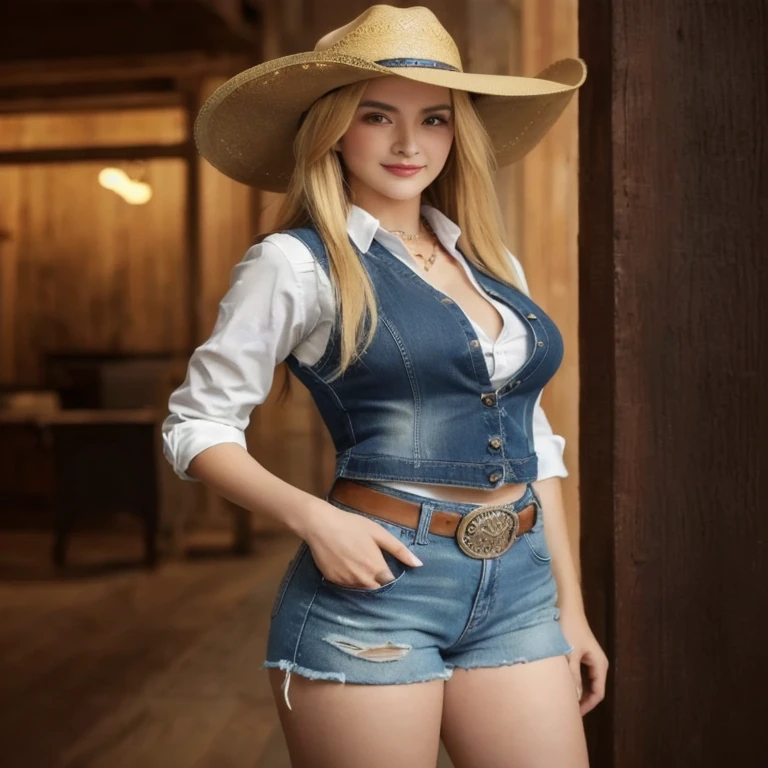 Aaraf woman wearing a cowboy hat and denim overalls poses for a photo., Photo of a thin girl model, fashion model, korean women's fashion model, beautiful female model, sexy style, Wear a camisole and boots., Thin waist and thick hips, Photo of a thin girl, Wear simple, tight-fitting clothing., beautiful female model, Dilraba Dilmurat, cowgirl, สาวเกาหลีcowgirl, western cowgirl, female cowgirl, Abigail from Stardew Valley, cow girl, Ash from Overwatch, cowboy style, Extremely high quality model, with straw hat, ภาพถ่ายVery realistic, Very realistic, Realistic cosplay, Photo of a thin young model