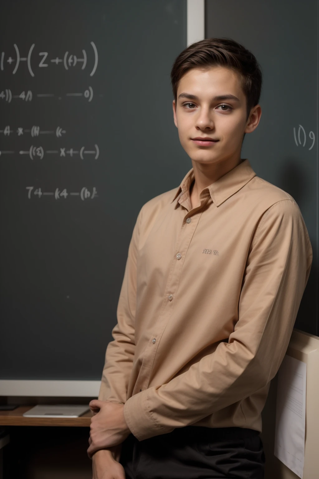 A beautiful young man, a cute male twink, with black hair, a face with reddish make-up, wearing a brown long-sleeved shirt and aqua blue pants. He is in his scientific medical office, and behind him is a blackboard with calculus and mathematical equations written on it, and he looks on proudly.