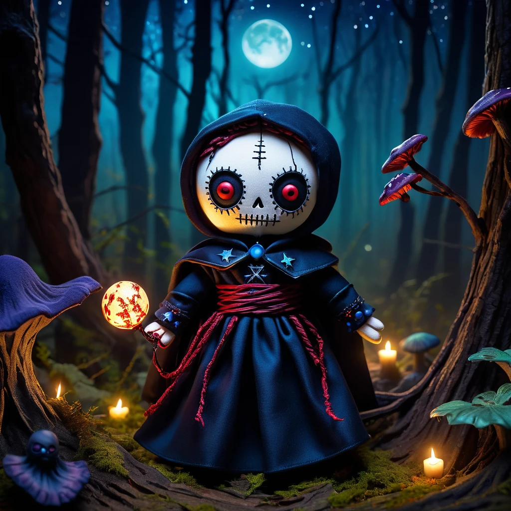 (knitted toy voodoo doll:1.7), (Voodoo Night Warlock:1.3), (Clothing: dark robes with starry patterns, shadowy cape:1.0), (Accessories: night staff, glowing nocturnal orb, shadow amulet:1.2), (background: moonlit forest with glowing fungi, mysterious shadows, and starry sky:1.2), best quality, masterpiece, detailed soft oil painting, detailed background, dramatic cinematic lighting, soft edge lighting, professional, dramatic lighting, hard edge lighting, ultra quality, 4k, masterpiece, best quality, 8k, ultra high definition, high resolution, extremely detailed