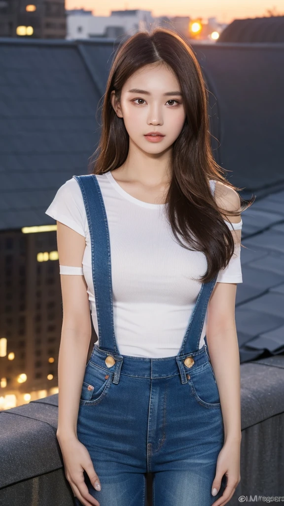 ((midnight, best quality, 8K, masterpiece :1.3)), whole body, Long legs, Clear focus :1.2, Beautiful woman with perfect body :1.4, Slim abdominal muscles :1.1, ((Dark brown hair, Large Breasts :1.2)), (White Tight Tee, Overalls Jeans, permanent:1.2), ((City night scene, roof:1.3)), Highly detailed face and skin textures, Delicate eyes, Double eyelids, Sunset, darken, Backlight, Off-shoulder