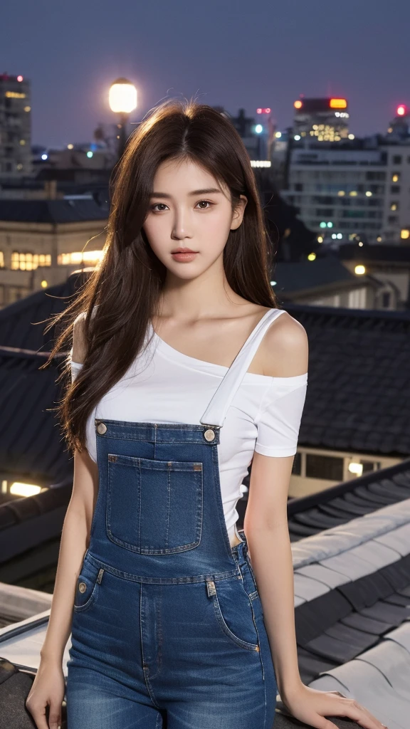 ((midnight, best quality, 8K, masterpiece :1.3)), whole body, Long legs, Clear focus :1.2, Beautiful woman with perfect body :1.4, Slim abdominal muscles :1.1, ((Dark brown hair, Large Breasts :1.2)), (White Tight Tee, Overalls Jeans, permanent:1.2), ((City night scene, roof:1.3)), Highly detailed face and skin textures, Delicate eyes, Double eyelids, Sunset, darken, Backlight, Off-shoulder