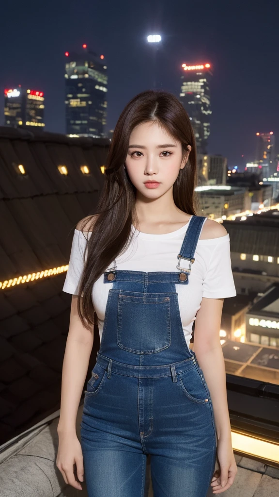 ((midnight, best quality, 8K, masterpiece :1.3)), whole body, Long legs, Clear focus :1.2, Beautiful woman with perfect body :1.4, Slim abdominal muscles :1.1, ((Dark brown hair, Large Breasts :1.2)), (White Tight Tee, Overalls Jeans, permanent:1.2), ((City night scene, roof:1.3)), Highly detailed face and skin textures, Delicate eyes, Double eyelids, Sunset, darken, Backlight, Off-shoulder