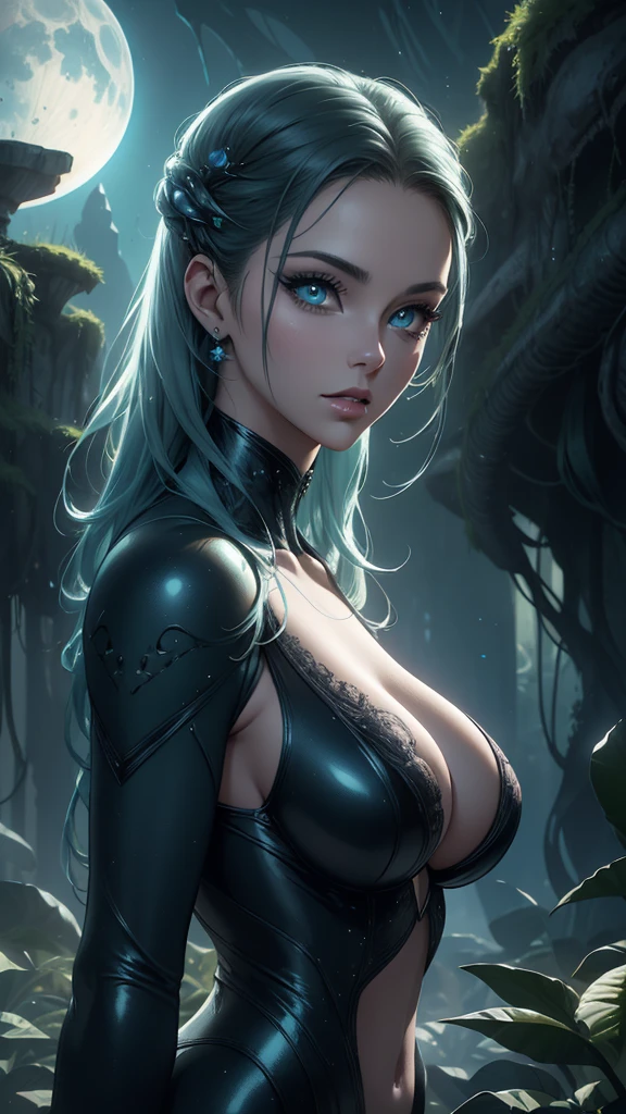 A sexy alien woman, beautiful detailed eyes, beautiful detailed lips, extremely detailed face, long eyelashes, alien landscape, alien architecture, glowing bioluminescent plants, alien sky with two moons, cinematic lighting, dramatic shadows, vibrant neon colors, surreal atmosphere, digital art, concept art, 8K, ultra-detailed, photorealistic, award winning, masterpiece