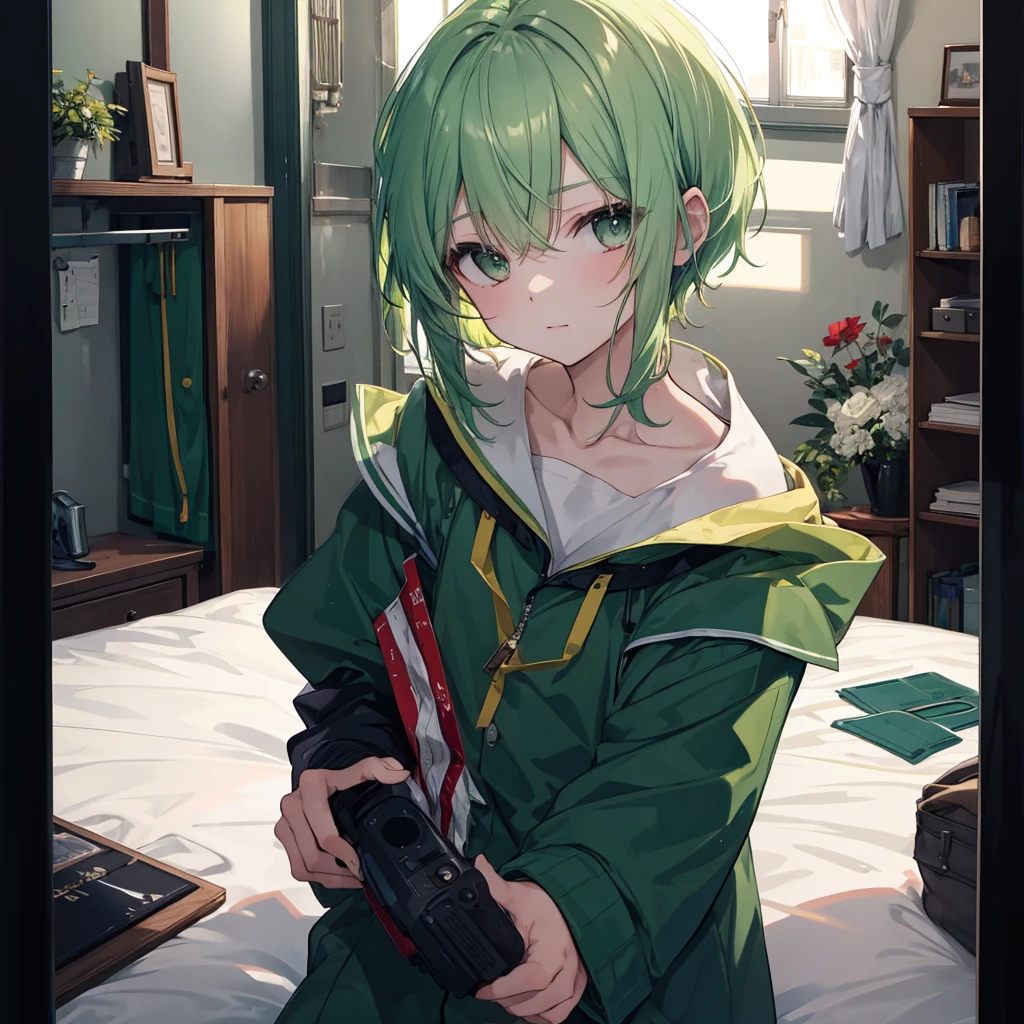 masterpiece, highest quality, highest quality, light green hair, graduated haircut, bed room