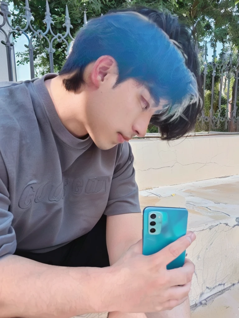 (8K, RAW photos, best quality, proficient:1.3), ((Black Hair), Soft Light, 1 Boy, Very beautiful side face,boy sitting on steps looking at his phone aesthetic shot, Focus like a laser, cyan grading, Side view, Matching Colors, Cover photo,
