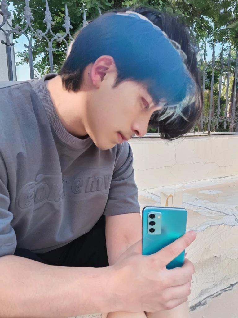(8K, RAW photos, best quality, proficient:1.3), ((Black Hair), Soft Light, 1 Boy, Very beautiful side face,boy sitting on steps looking at his phone aesthetic shot, Focus like a laser, cyan grading, Side view, Matching Colors, Cover photo,
