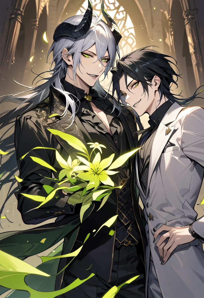 (pieces fly), (highest quality), very detailed, ((two men)), perfect face, beautiful face, very detailed face，(black haired man:1.3)，(white haired man:1.3)，suit，shirt，smile，flower,  boy, malleus draconia \(twisted wonderland\) horns, bishounen, boy, male, long hair, black hair, yellow green eyes, smile, gray lips, handsome, skinny, tall, yellow green glow,