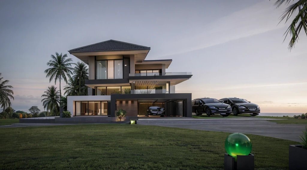 arafed view of a modern villa ,  sunset time, a green grass, green landscape, coconut tree, cars, architectural render, architectural visualization, architectural rendering, large modern residence, architectural 3 d render, award-winning render, stunning render, modern, realistic, interior architecture, Art Deco, depth of field, motion blur, cinematic lighting, vignetting, highres, high quality, high details, masterpiece