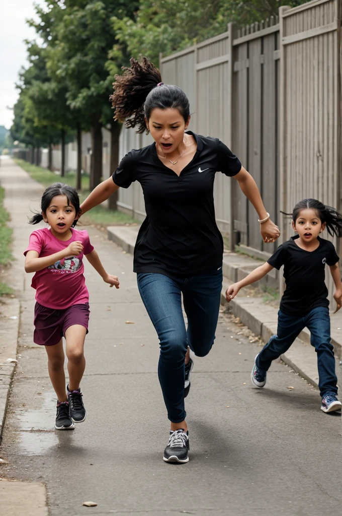 A mother is beating her children and the is running away.