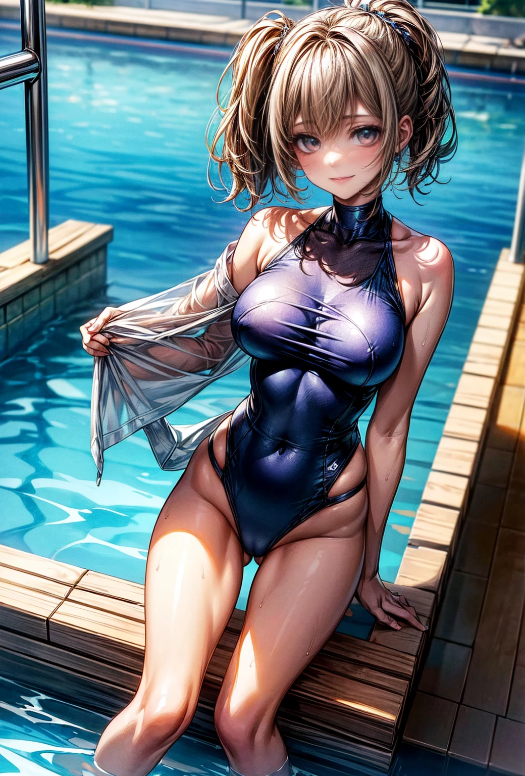 (masterpiece, Highest quality, Super detailed:1.3), Perfect composition, 4K, (Very detailed, Super detailed), Bright blue swimsuit, (Simple high-cut swimsuit)、High resolution, 8k Texture, Attention to detail, Very detailed肌の質感, Magnificent details, High Sharpness, One girl, (Fine grain:1.3), Many layers of eyes、(25-year-old woman:1.3), (skinny), (Big Breasts), Outdoor swimming pool side,smile、A pleasant looking face、Toned body、Shot from the back、turn around、Nipple swelling、Wear a white t-shirt over your swimsuit、A wet, see-through T-shirt、Wet Skin、Stretching exercise with both arms extended、Sandals、Beautiful feet、((Lively composition))