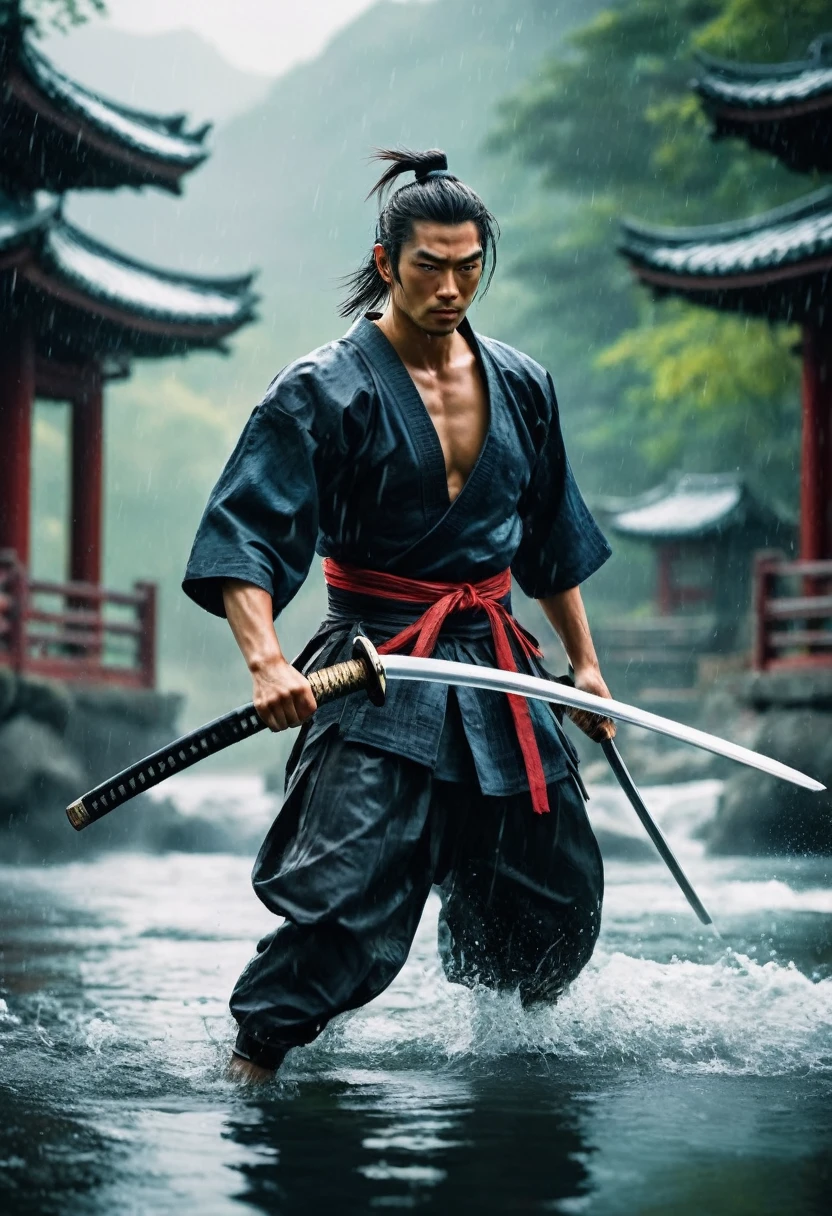 best quality,Ultra-fine,warrior samurai in water ,Air,One hand holding a katana,Face mask,fighting,Dodge,avoid,lifelike,photorealism:1.37),bright colors,clear focus,Defocused,(fantasy:1.2),(mystical landscapes),(dynamic poses:1.37),(intense gaze),(Extraordinary power),(the power of myth),black ,rainy day,Wounds on the body,splash