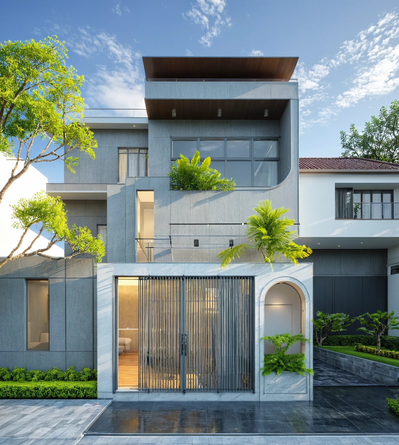 modern villa on street, (daylight), tropical tree, vivid color, streetcapes, nice sky, grey tone, large glass door, warm interior lighting, modern material, best quality, ultra realistic, masterpiece, 17ArchiAI_XL_VL-v1
