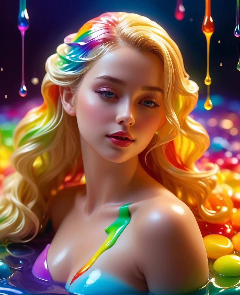 Beautiful blonde, The wax melts and drips down your body. (masterpiece: 1.2), (Highest quality), 4K, Very detailedな, (Dynamic configuration: 1.4), Very detailed, Colorful and detailed, (Rainbow colors: 1.2), (Bright light, Atmospheric lighting), dream-like, magic, (Lonely: 1.2)  