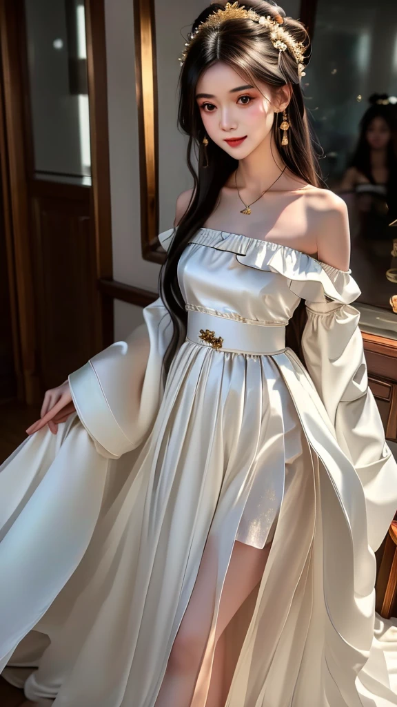 Girl in traditional Chinese clothing, Hanfu, Guzhen Hanfu women, White Hanfu,long straight black hair, black eyes, black bun hairstyle, hair accessories ,white diamond earrings, Bangle Diameter, Dia Necklace, Clear eyes, Facing forward,put on makeup, Long eyelashes ,(Long shoulder coat:1.5), (long white skirt:1.5), ((Whole body)), ((from below))ฃ, Clear face, , (Very beautiful face, Beautiful mouth, beautiful eyes), detailed face, ((Ultra-fine skin)), In the dark, deep shadows, an ancient Chinese girl (Very slim figure 1.3) ,Plump breasts, sexy slender legs elegant posture (smile brightly) ,(slum:1.5),