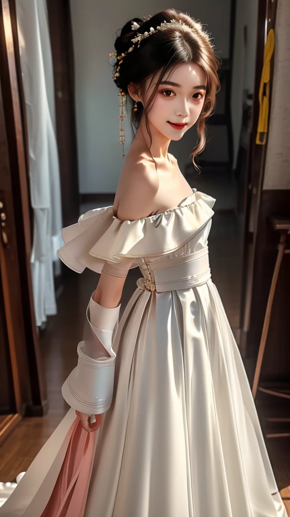 Girl in traditional Chinese clothing, Hanfu, Guzhen Hanfu women, White Hanfu,long straight black hair, black eyes, black bun hairstyle, hair accessories ,white diamond earrings, Bangle Diameter, Dia Necklace, Clear eyes, Facing forward,put on makeup, Long eyelashes ,(Long shoulder coat:1.5), (long white skirt:1.5), ((Whole body)), ((from below))ฃ, Clear face, , (Very beautiful face, Beautiful mouth, beautiful eyes), detailed face, ((Ultra-fine skin)), In the dark, deep shadows, an ancient Chinese girl (Very slim figure 1.3) ,Plump breasts, sexy slender legs elegant posture (smile brightly) ,(slum:1.5),