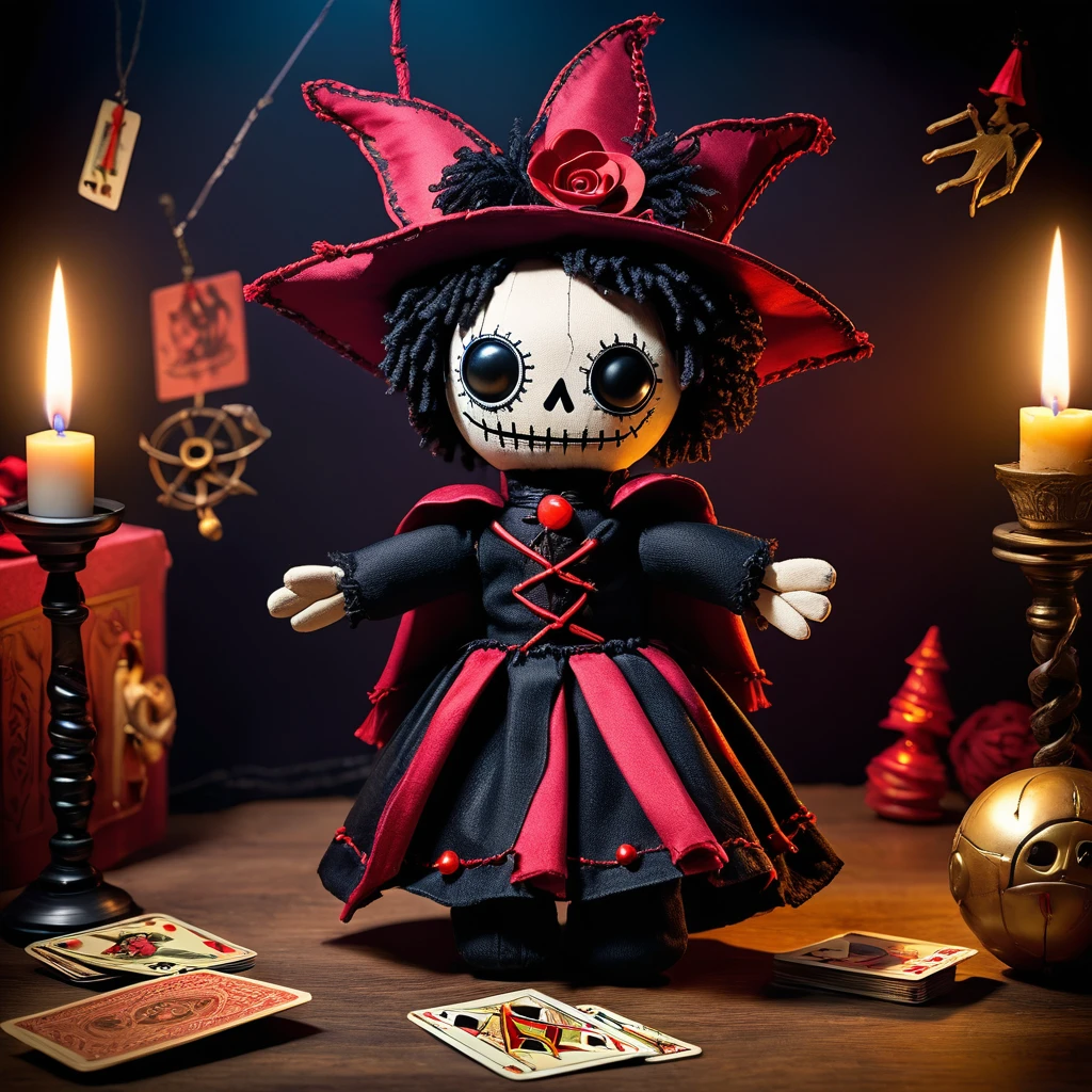 (knitted toy voodoo doll:1.7), (Voodoo Shadow Illusionist:1.3), (Clothing: mystical robes with shadow patterns, illusionist's cape:1.0), (Accessories: enchanted cards, shadow puppet, illusion orb:1.2), (background: dark carnival with flickering lights, shadowy figures, and magical mirrors:1.2), best quality, masterpiece, detailed soft oil painting, detailed background, dramatic cinematic lighting, soft edge lighting, professional, dramatic lighting, hard edge lighting, ultra quality, 4k, masterpiece, best quality, 8k, ultra high definition, high resolution, extremely detailed