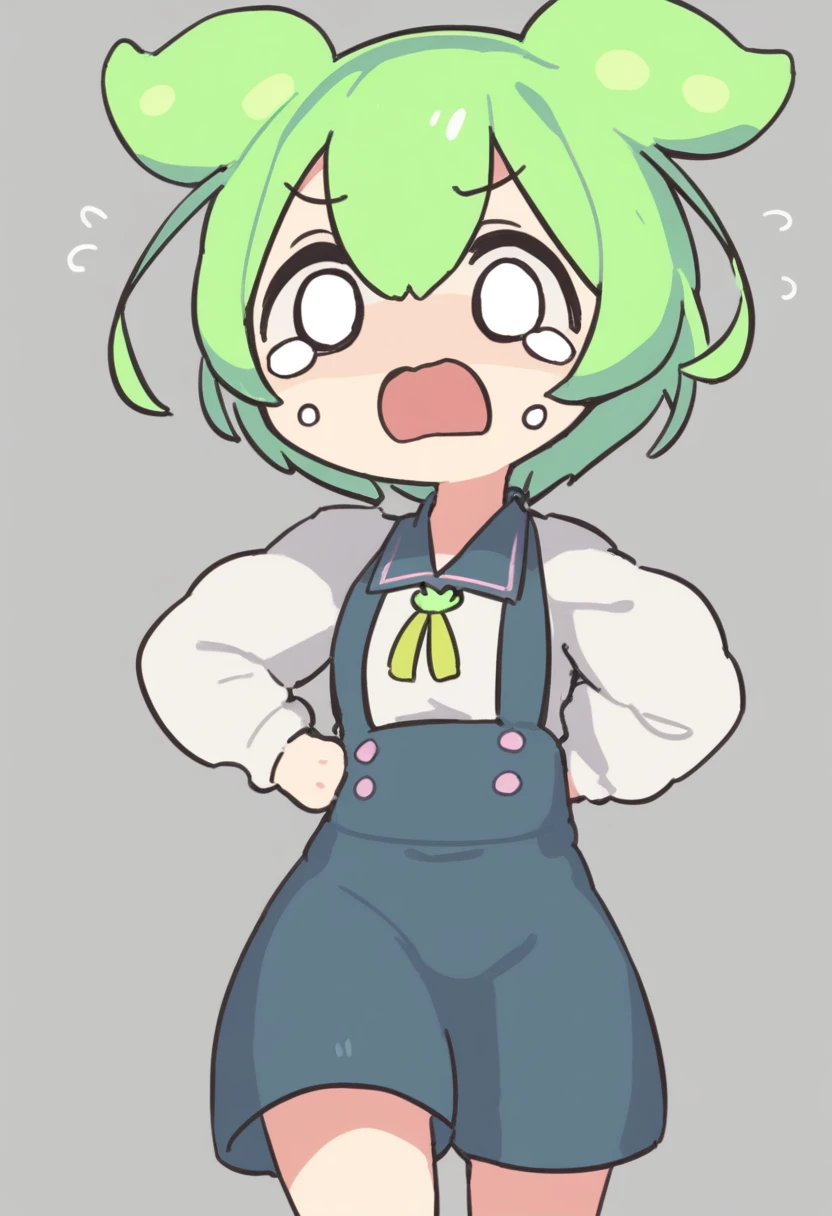 One girl,Zundamon,Voice Box ,Green Hair,、Wide open mouth、Surprised、Jaw detached、Are crying、Funny Face,Simple white background、No text