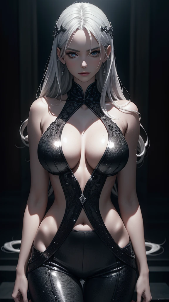 beautiful detailed woman, 1 woman, slim fit, tall, long silver hair, cleavage, wearing silver-white sequin top, black pants, body chain, jewelry, intricate and highly detailed, (best quality,4k,8k,highres,masterpiece:1.2),ultra-detailed,(realistic,photorealistic,photo-realistic:1.37),cinematic lighting,dramatic lighting,chiaroscuro,dramatic portrait,high-end fashion editorial,editorial fashion photography