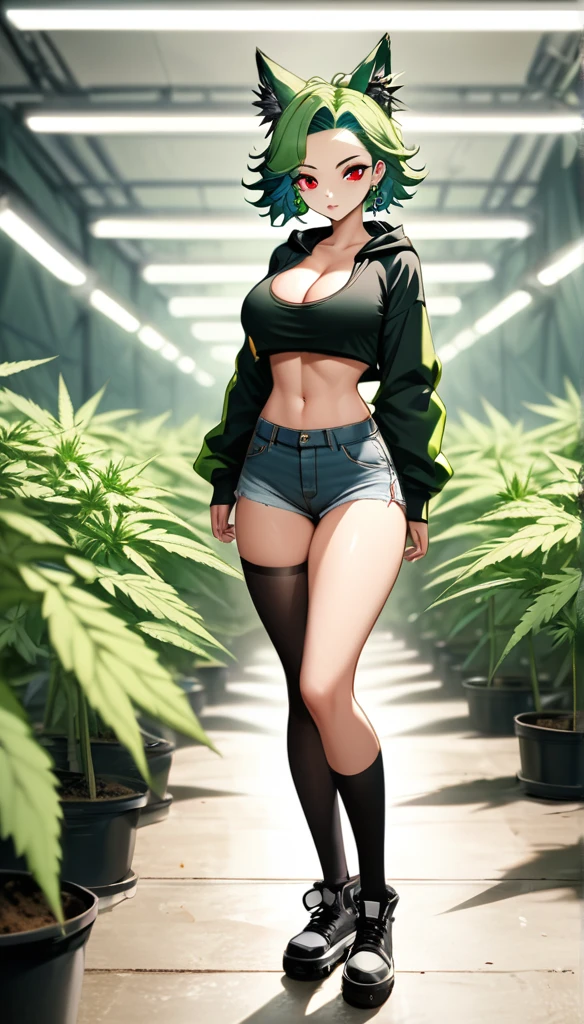 , Croped, , cleavage, slim waist, cropped hoodie underboob, cropped hoodieunderboobhoodie, 1girl, 2 wolf ears, wolf tail, marijuana crop hoodie, crop shorts, marijuana hoodie, spiky hair, spiky fur, green hair, red eyes,marijuana field, tight clothes, perfect eyes, perfect hands, clear resolution, full body, cleavage skin, marijuana plants, open hoodie, marijuana scenery, black thigh high socks, full body, earrings, 1girl, skirt, cleavage, slim waist, cleavage, slim waist, hair pulled back,