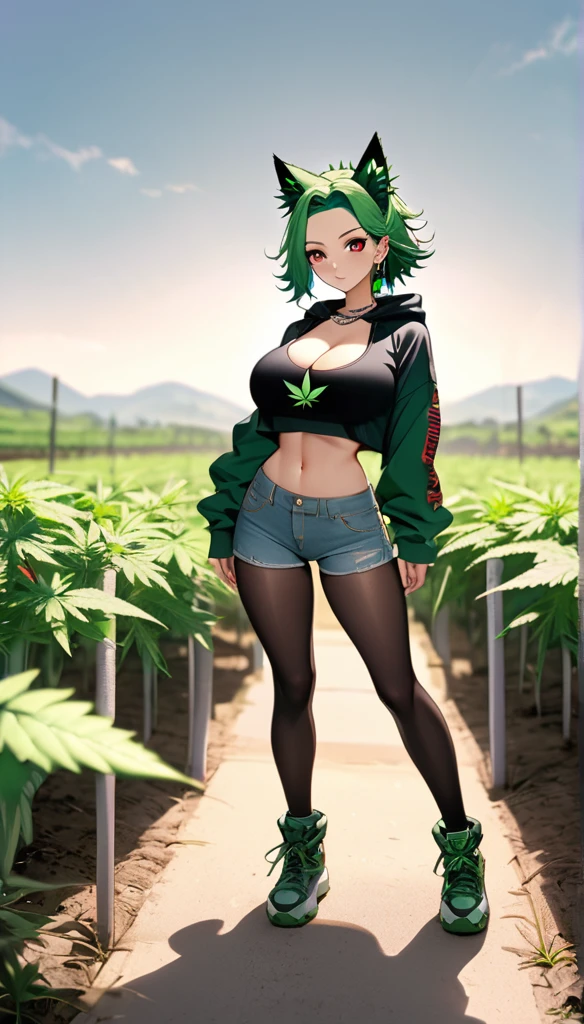   , Croped, , cleavage, slim waist, cropped hoodie underboob, cropped hoodieunderboobhoodie, 1girl, 2 wolf ears, wolf tail, marijuana crop hoodie, crop shorts, marijuana hoodie, spiky hair, spiky fur, green hair, red eyes,marijuana field, tight clothes, perfect eyes, perfect hands, clear resolution, full body, cleavage skin, marijuana plants, open hoodie, marijuana scenery, black thigh high socks, full body, earrings, 1girl, skirt,  cleavage, slim waist, cleavage, slim waist, hair pulled back, 