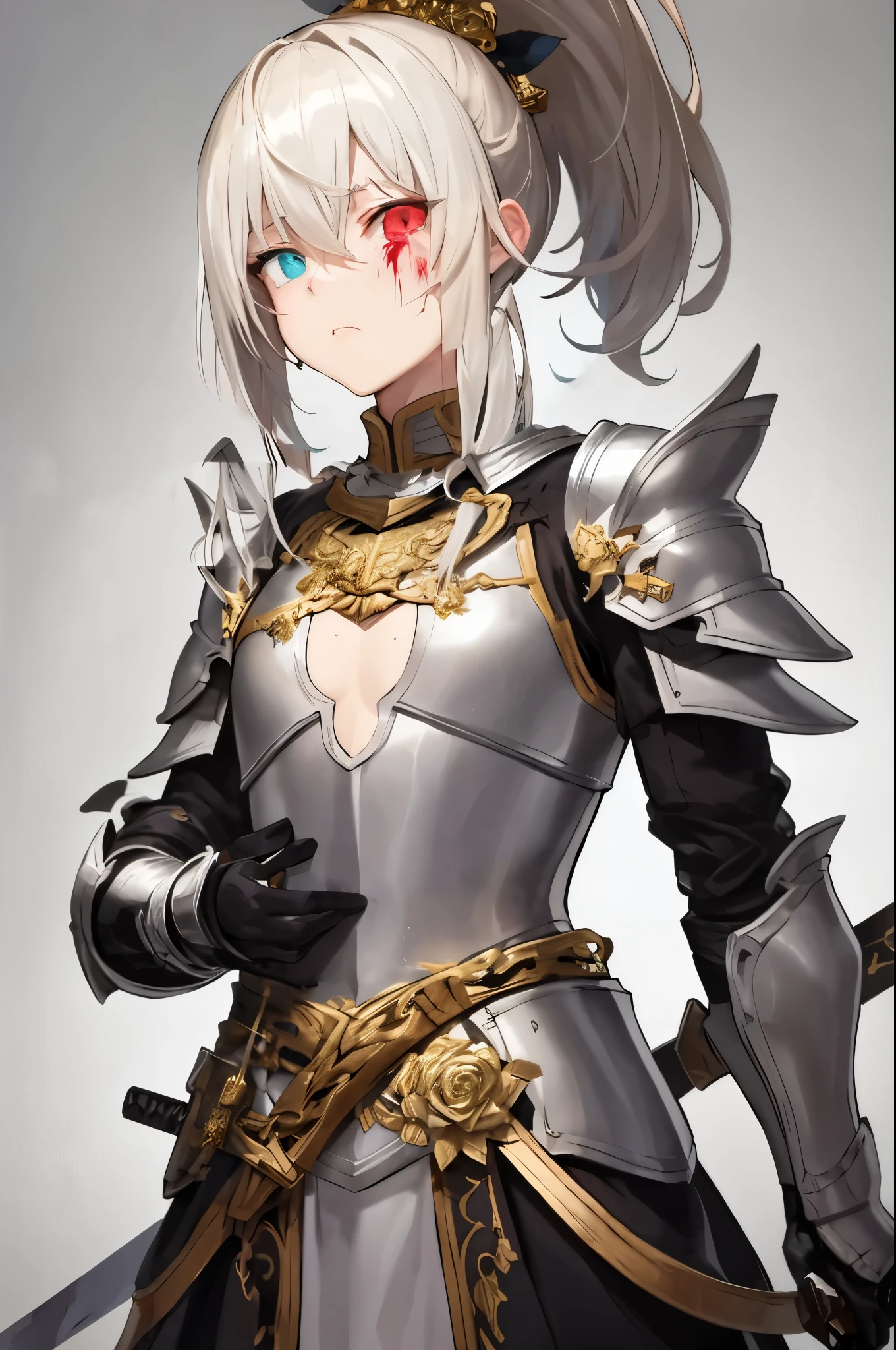 Female Knight，High Ponytail，blond，Heterochromia（Left Gold and White），The main body is silver-white, with some blue embellishments. The armor is slightly damaged.，The chest is decorated with a carved dark gold rose，The helmet is held at the waist，Scars on the face，Blood stains on armor，，Style tends to be two-dimensional，Use more cool colors，Dark Style，Face the lens，Tears in the eyes，There are some blood stains on the face