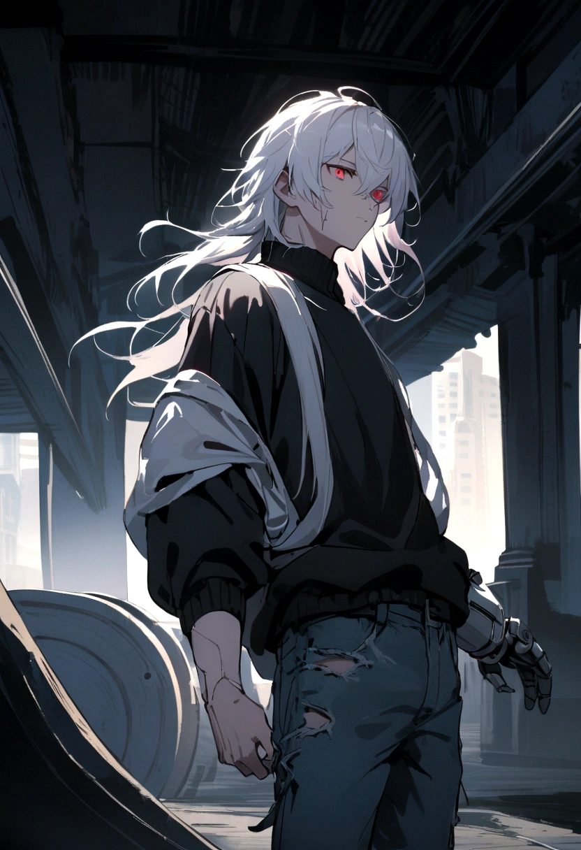 A guy with shoulder-length white hair and light red eyes. He also wears a white facial prosthetic with a light lilac piece attached later on the side of his right eye., which is glued to the rest of the prosthesis.wore a black jumper, ripped red jeans and blue and white sneakers