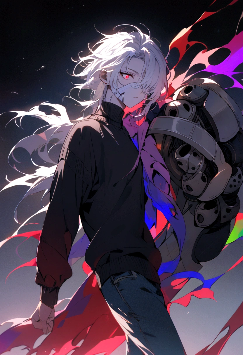 A guy with shoulder-length white hair and light red eyes. He also wears a white facial prosthetic with a light lilac piece attached later on the side of his right eye., which is glued to the rest of the prosthesis.wore a black jumper, ripped red jeans and blue and white sneakers
