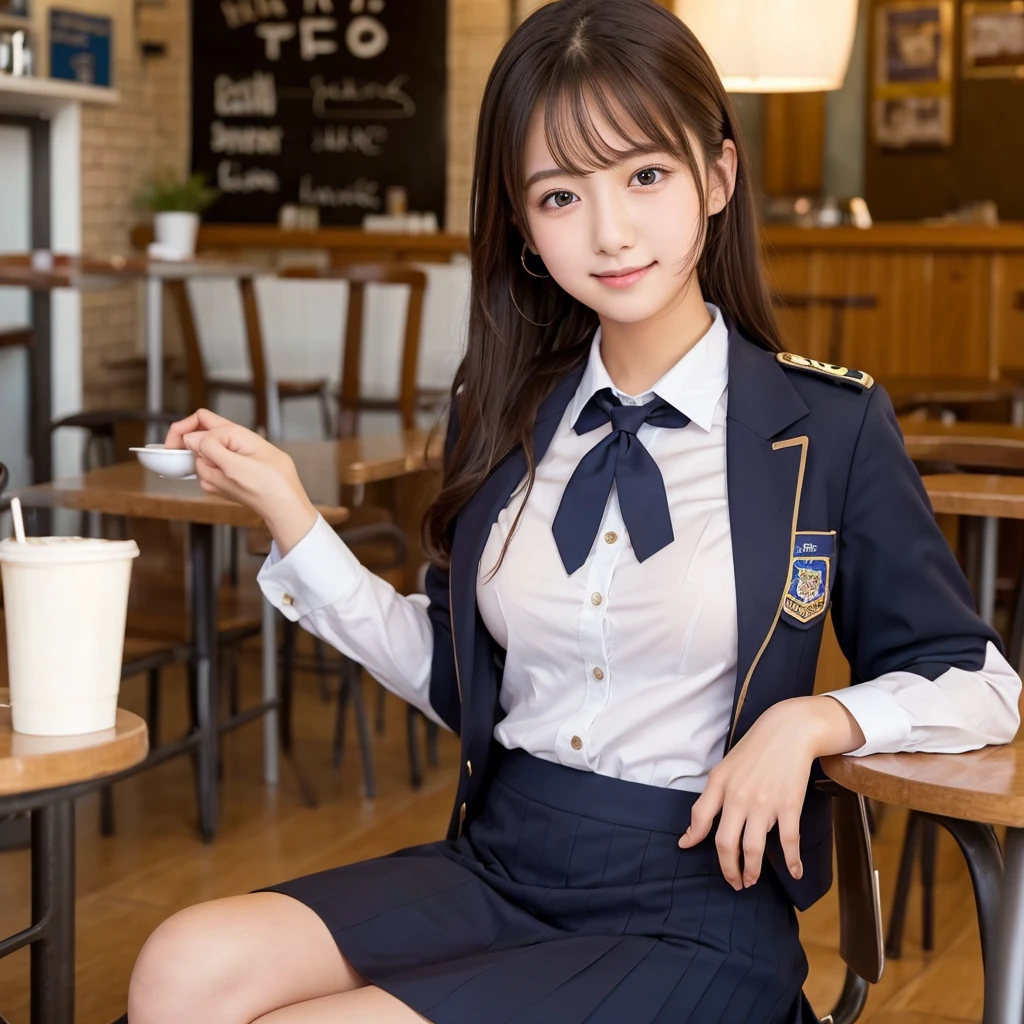 A high school girl at a cafe shows off her nipples through a gap in her uniform.