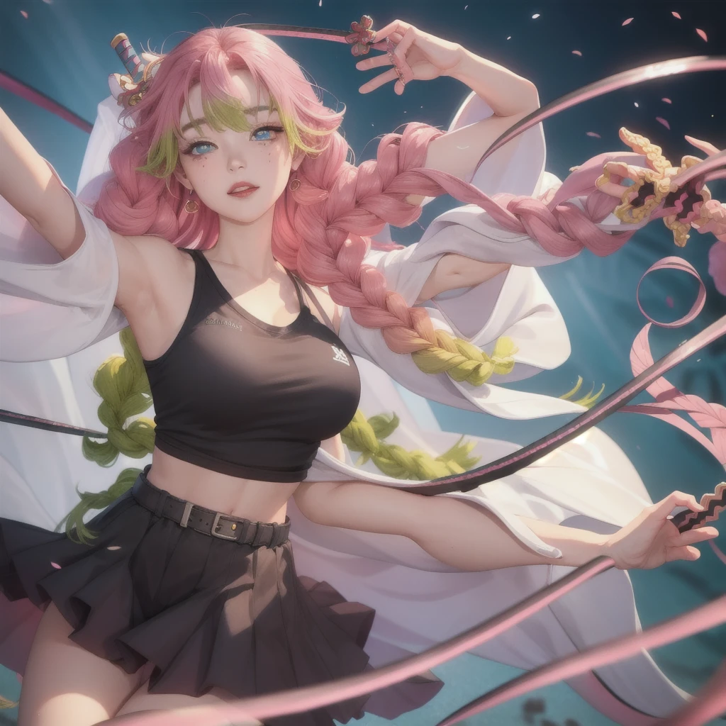Girl、(((One person)))、Pink Hair、Shortcuts、Black mini skirt、camisole、Blue Eyes、(((Holding a Japanese sword)))、stage、Spot Tight、Uplifting