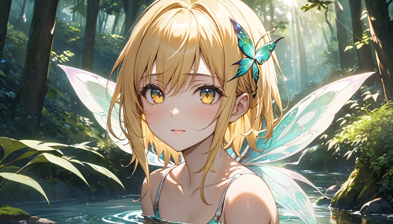 （8K，masterpiece，Highest quality），Hyper Detail，Primary forest，Golden hair shortcut、A fairy girl with a fleeting expression、Sunlight filtering through the trees、river、Highly detailed face、pupil、whole body
