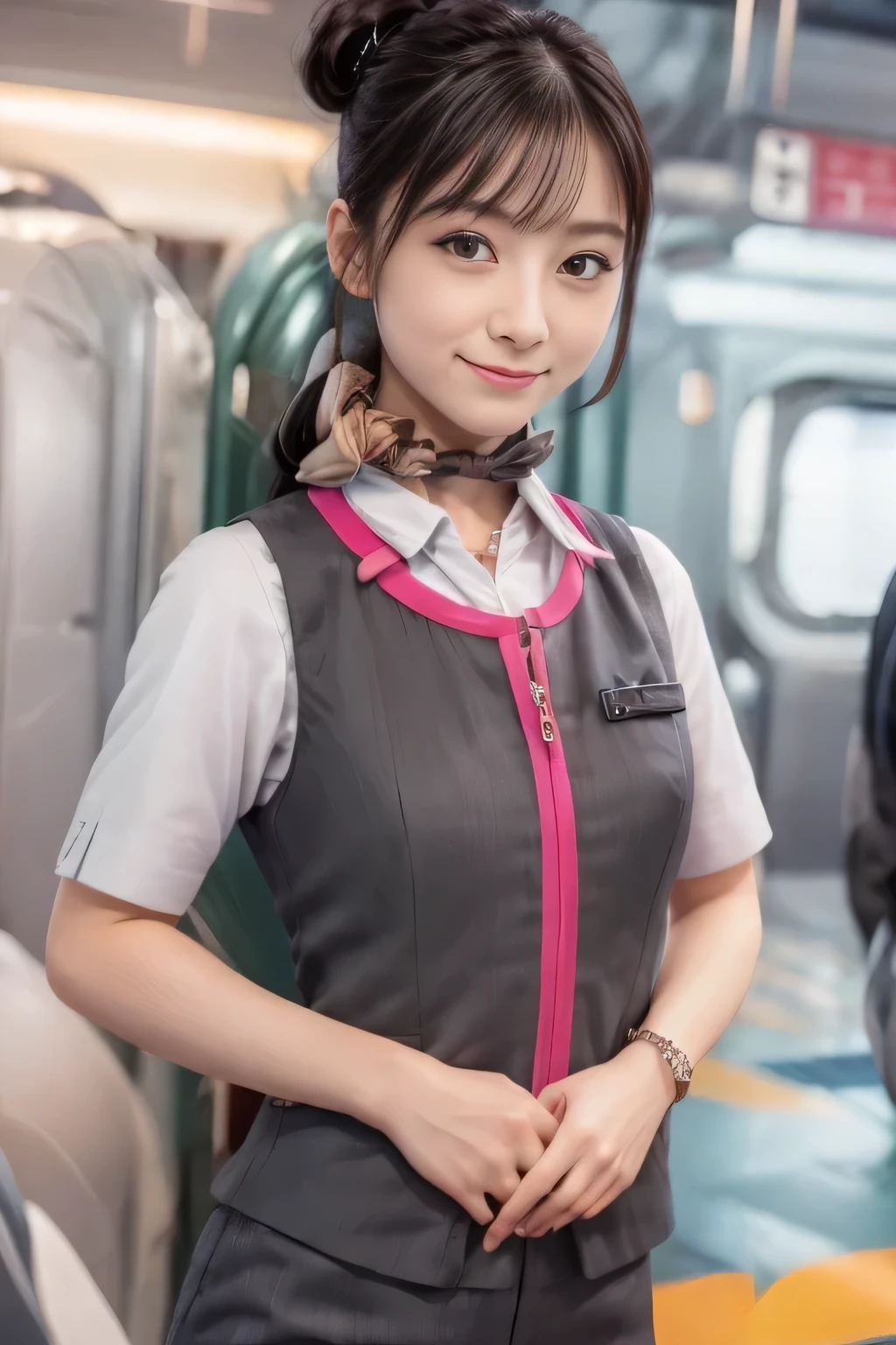 (masterpiece:1.2, Highest quality:1.2), 32k HDR, High resolution, (alone、1 Girl)、（At the station platform、Professional Lighting）、Empty train station platform background、（Realistic style of JR Gran Class crew uniform）、Short sleeve blouse、a scarf around the neck、（JR Gran Class flight attendant uniform with pink parts on the skirt sleeves）、（The uniform of a flight attendant in JR Gran Class has a pink line on the front zipper of the vest.）、Dark brown hair、（Long hair that goes up to the chest、Let your hair down）、Dark brown hair、Long Shot、Big Breasts、（（Great hands：2.0）），（（Harmonious body proportions：1.5）），（（Normal limbs：2.0）），（（Normal finger：2.0）），（（Delicate eyes：2.0）），（（Normal eyes：2.0））)、Big Breasts、Luxury Necklace、smile、Beautiful standing posture,Place your hands around your stomach